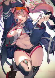 Rule 34 | 1girl, arm up, azur lane, belt, bikini, bikini under clothes, black shorts, bow, breasts, bremerton (azur lane), clothes writing, collarbone, colored eyelashes, commentary, crop top, crop top overhang, gin (oyoyo), grey belt, grey hair, hair between eyes, hair bow, hair ornament, hairclip, highres, jacket, large breasts, long hair, long sleeves, looking at viewer, machinery, mole, mole on breast, mole under eye, multicolored hair, nail polish, navel piercing, open clothes, open jacket, open mouth, piercing, pink bikini, pink eyes, pink hair, pink nails, red-tinted eyewear, short shorts, shorts, solo, standing, standing on one leg, streaked hair, sunglasses on head, swimsuit, teeth, thighhighs, tinted eyewear, tongue, twintails, two-tone hair, two-tone shirt, underboob, upper teeth only, x hair ornament
