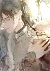 Rule 34 | 1boy, armor, bracer, braid, brown hair, cloak, closed eyes, earrings, fur-trimmed cloak, fur trim, hand on own shoulder, highres, holding another&#039;s hair, jewelry, long hair, nthatall, qiang jin jiu, ring, shen lanzhou, simple background, single earring, smile, thumb ring, wet, wet hair, white background, xiao chiye