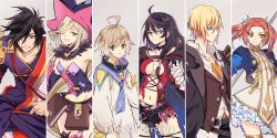 Rule 34 | 3boys, 3girls, ahoge, armpits, bandages, bandaged arm, bandages, black coat, black hair, black neckwear, black shorts, blonde hair, blue jacket, book, braid, brown hair, coat, column lineup, copyright name, cowboy shot, cropped jacket, dress, eizen (tales), eleanor hume, green eyes, grey background, hair over one eye, hat, jacket, japanese clothes, kimono, laphicet (tales), long hair, looking at viewer, magilou (tales), messy hair, multiple boys, multiple girls, navel, one eye closed, pointy ears, red hair, revealing clothes, robe, rokurou rangetsu, short hair, short shorts, shorts, smile, tales of (series), tales of berseria, thighhighs, twintails, velvet crowe, white dress, witch hat, yurichi (artist)