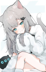 Rule 34 | :3, absurdres, animal ears, aqua eyes, borrowed character, cat-shaped pillow, cat ears, cat girl, cat hair ornament, cat tail, grey hair, hair ornament, highres, indie virtual youtuber, nachoneko, noko (nco029685627), sleeves past fingers, sleeves past wrists, tail, virtual youtuber, white background