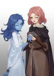 Rule 34 | 2girls, absurdres, black cloak, blue eyes, blue hair, blue skin, brown hair, brown tunic, cloak, closed eyes, colored skin, cracked skin, doll joints, dress, elden ring, extra arms, facial tattoo, highres, interlocked fingers, joints, looking at viewer, melina (elden ring), mian li, multiple girls, ranni the witch, tattoo, white dress
