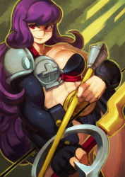 Rule 34 | 1girl, abs, arrow (projectile), bow (weapon), breasts, female focus, indivisible, koi drake, koidrake, large breasts, muscular, muscular female, phoebe (indivisible), purple hair, red eyes, scar, smile, solo, weapon