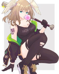 Rule 34 | 1girl, absurdres, baseball bat, black jacket, blue eyes, breast tattoo, breasts, brown hair, chewing gum, choker, cleavage, eunie (xenoblade), gloves, head wings, highres, jacket, large breasts, long hair, looking at viewer, medium hair, monolith soft, off shoulder, open clothes, shorts, smile, solo, tattoo, thighhighs, torn clothes, torn thighhighs, truejekart, white wings, wings, xeno (series), xenoblade chronicles (series), xenoblade chronicles 3