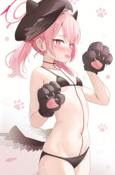 Rule 34 | 1girl, @ @, animal ears, animal hands, animal hat, bare shoulders, beret, bikini, black bikini, black choker, black hat, black wings, blue archive, blush, breasts, choker, collarbone, commentary request, cowboy shot, fake animal ears, feathered wings, flower, full body, gloves, gradient background, hair flower, hair ornament, halo, hands up, hat, head wings, highres, koharu (blue archive), low wings, nose blush, open mouth, paw gloves, paw print, paw print background, pink background, pink eyes, pink hair, red flower, red rose, rose, saeki sora, small breasts, solo, standing, sweat, swimsuit, twintails, white background, wings