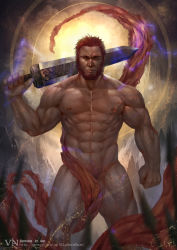 Rule 34 | 1boy, abs, bara, bare pectorals, beard, cloth, facial hair, fate/grand order, fate/zero, fate (series), feet out of frame, floating, floating object, highres, iskandar (fate), large pectorals, lightning, looking at viewer, male focus, male pubic hair, manly, muscular, navel, nipples, nude, over shoulder, pectorals, pubic hair, red eyes, red hair, short hair, solo, sword, sword over shoulder, thick thighs, thighs, vian, weapon, weapon over shoulder