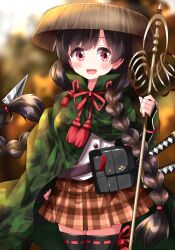 Rule 34 | 1girl, :d, ajirogasa, alternate costume, black hair, black thighhighs, blurry, blurry background, braid, brown hat, brown skirt, commentary request, hat, highres, holding, holding staff, long hair, looking at viewer, open mouth, plaid, plaid skirt, red eyes, ribbon-trimmed legwear, ribbon trim, ruu (tksymkw), skirt, smile, solo, staff, thighhighs, touhou, twin braids, yatadera narumi