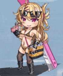 Rule 34 | 1girl, animated, animated gif, bikini, blonde hair, bouncing breasts, breasts, chibi, curvy, francis (taimanin asagi), horns, large breasts, lilith-soft, looking away, lowres, nail polish, shiny skin, smile, solo, standing, striped bikini, striped clothes, swimsuit, taimanin (series), taimanin rpgx, thong bikini, v, weapon