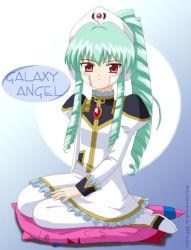 Rule 34 | 00s, 1girl, broccoli (company), copyright name, galaxy angel, green hair, long hair, looking at viewer, normad, pantyhose, red eyes, simple background, solo, vanilla h