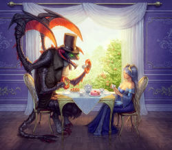 Rule 34 | 1boy, 1girl, bare shoulders, blue hair, breasts, cake, cho&#039;gath, cleavage, cup, curtains, closed eyes, food, formal, hat, indoors, katie de sousa, league of legends, long hair, monocle, monster, signature, sitting, sona (league of legends), table, tail, teacup, top hat, very long hair, window
