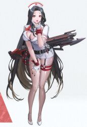 Rule 34 | 1girl, absurdres, black hair, breasts, buckle, cleavage, fingerless gloves, full body, gloves, goddess of victory: nikke, gun, high heels, highres, large breasts, lipstick, long hair, maiden (nikke), makeup, mask, mouth mask, nail polish, nurse, official art, open mouth, pumps, red eyes, rifle, shoes, solo, teeth, tongue, weapon