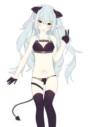 Rule 34 | 1girl, bare arms, bare shoulders, black gloves, black panties, black thighhighs, blue eyes, breasts, cleavage, collarbone, curled horns, demon girl, demon horns, demon tail, gloves, gluteal fold, hair between eyes, half gloves, hand up, highres, horns, kiyomin, long hair, navel, original, panties, pointy ears, simple background, small breasts, solo, strapless, tail, thighhighs, underwear, v, very long hair, white background, yellow eyes
