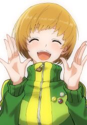 Rule 34 | 1girl, :d, ^ ^, badge, blush, brown hair, button badge, cardigan, closed eyes, commentary request, facing viewer, green cardigan, hands up, happy, highres, kurosususu, long sleeves, open hands, open mouth, persona, persona 4, satonaka chie, short hair, simple background, smile, solo, sweater, teeth, turtleneck, turtleneck sweater, upper body, upper teeth only, white background, zipper