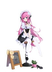 1girl absurdres alternate_breast_size apron black_dress black_footwear blue_eyes breasts butterfly_hair_ornament chinese_commentary commentary_request dress elysia_(honkai_impact) elysia_(miss_pink)_(honkai_impact) elysia_(miss_pink_elf)_(honkai_impact) fake_horns hair_ornament high_heels highres honkai_(series) honkai_impact_3rd horns long_hair looking_at_viewer maid maid_apron maid_headdress ningmeng_jing_jing_jing_jing official_alternate_costume on_chair open_mouth pantyhose pink_hair plant potted_plant shoes simple_background single_shoe sitting small_breasts solo unworn_shoe white_background white_pantyhose