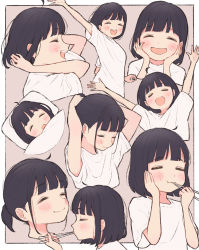 Rule 34 | 1girl, 1ssakawaguchi, absurdres, ahoge, arms up, bed, black hair, blouse, blush, bob cut, chopsticks, closed eyes, eating, hands on own cheeks, hands on own face, hands up, highres, open mouth, original, shirt, short hair, short ponytail, sleeping, smile, t-shirt, tying hair, under covers, white shirt