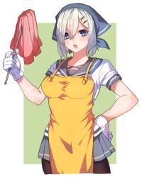 Rule 34 | 10s, 1girl, apron, bad id, bad twitter id, blue eyes, brown pantyhose, cleaning, cowboy shot, duster, gloves, hair ornament, hairclip, hamakaze (kancolle), hand on own hip, head scarf, kantai collection, katagiri hachigou, looking at viewer, open mouth, outside border, pantyhose, pleated skirt, school uniform, serafuku, short hair, silver hair, skirt, solo, standing, uniform