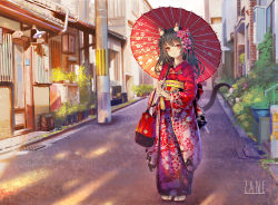 Rule 34 | 1girl, animal ear fluff, animal ears, artist name, bad id, bad pixiv id, bag, blush, building, cat ears, cat girl, cat tail, city, closed mouth, floral print, flower, full body, hair flower, hair ornament, highres, holding, holding umbrella, japanese clothes, kimono, long sleeves, looking at viewer, oil-paper umbrella, original, pink flower, print kimono, red eyes, red kimono, road, smile, solo, standing, street, sunlight, sxbzero, tail, tassel, umbrella, wide sleeves, yukata