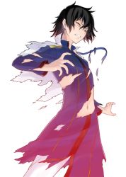 Rule 34 | 1boy, black hair, caladrius, cape, kei percival, male focus, navel, official art, ribbon, simple background, solo, torn cape, torn clothes, white cape, yasuda suzuhito, yellow eyes