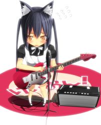 Rule 34 | 1girl, amplifier, animal ears, black hair, brown eyes, cat ears, electric guitar, guitar, instrument, k-on!, long hair, maid, microphone, microphone stand, nakano azusa, perspective, solo, touboku, twintails
