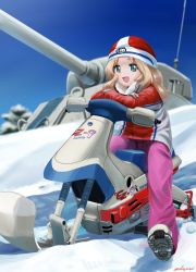 Rule 34 | 10s, 1girl, abazu-red, alternate costume, blonde hair, blue eyes, blurry, boots, coat, commentary request, crossed arms, day, depth of field, girls und panzer, gloves, hat, highres, kay (girls und panzer), long hair, looking at viewer, m4 sherman, military, military vehicle, motor vehicle, open mouth, pants, pink pants, red coat, red hat, riding, sitting, sky, smile, snow, snowmobile, solo, tank, vehicle request, white gloves, winter clothes