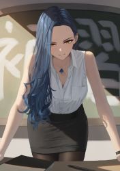 Rule 34 | 1girl, absurdres, arm support, bare shoulders, black pantyhose, black skirt, blouse, blue hair, book, chalkboard, desk, hair behind ear, hair over shoulder, hara kenshi, highres, jewelry, leaning forward, long hair, looking at viewer, miniskirt, necklace, original, pantyhose, shirt, skirt, sleeveless, sleeveless shirt, solo, spade (shape), spade necklace, teacher, white shirt, yellow eyes