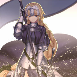 Rule 34 | 1girl, armor, armored dress, blonde hair, blue eyes, braid, breasts, capelet, chain, fate/apocrypha, fate (series), faulds, flag, gauntlets, headpiece, jeanne d&#039;arc (fate), jeanne d&#039;arc (ruler) (fate), kotera ryou, long hair, sheath, sheathed, single braid, solo, staff, sword, very long hair, weapon