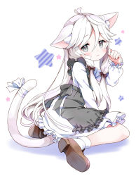 Rule 34 | 1girl, amimi, animal ears, blush, cat ears, cat tail, commission, grey eyes, grey hair, highres, long hair, looking at viewer, original, ribbon, shoes, sitting, skeb commission, solo, star (symbol), tail, uwu, wariza, waving arm, white hair