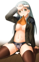 Rule 34 | 10s, 1girl, arm at side, arm up, ascot, black bow, blazer, blush, bow, bow panties, breasts, brown jacket, brown thighhighs, buttons, cleavage, collarbone, eating, food, food on body, food on clothes, food on face, green eyes, green hair, hair between eyes, hair ornament, hairclip, head tilt, holding, holding food, jacket, kantai collection, keito (keito-ya), large breasts, long hair, long sleeves, looking at viewer, matching hair/eyes, melting, mouth hold, navel, no bra, open clothes, open jacket, panties, popsicle, sexually suggestive, shirt, sitting, solo, stomach, striped clothes, striped panties, suzuya (kancolle), tareme, thighhighs, unbuttoned, underwear, vertical-striped clothes, vertical-striped panties, wariza, wooden floor