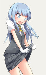 Rule 34 | 1girl, blue eyes, blue hair, blunt bangs, blush, clothes lift, commentary request, constricted pupils, cowboy shot, double horizontal stripe, dress shirt, frown, gameplay mechanics, gloves, grey background, grey skirt, hatsukaze (kancolle), kakizaki (chou neji), kantai collection, lifting another&#039;s clothes, long hair, looking to the side, motion lines, open mouth, pleated skirt, pointer, school uniform, shirt, short sleeves, simple background, skirt, skirt lift, solo, standing, straight hair, trembling, vest, wavy hair, white gloves, white shirt