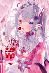 Rule 34 | 1girl, :d, blunt bangs, blurry, blush, bow, buckle, cherry, collar, cross, cross necklace, cup, curtains, depth of field, dot nose, drinking straw, ear piercing, earrings, fang, food, frilled gloves, frilled hairband, frilled kimono, frilled shirt collar, frilled sleeves, frills, fruit, gloves, grey hair, hair ornament, hair ribbon, hairband, hairclip, heart, heart earrings, heart hair ornament, heterochromia, highres, holding, holding cup, holding food, holding fruit, ice cream, ice cream cup, japanese clothes, jewelry, kimono, long hair, long sleeves, looking at viewer, monster energy, neck ribbon, necklace, obi, open mouth, original, parted lips, piercing, pink collar, pink eyes, pink kimono, pink ribbon, pink theme, pocky, pointy ears, purple eyes, ribbon, sakurato remi, sash, smile, solo, strawberry, strawberry pocky, twintails, twitter username, white bow, white gloves, white hairband, window, yami kawaii