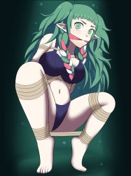 Rule 34 | 1girl, arms behind back, ass, bare shoulders, bdsm, blue panties, blush, bondage, bound, breasts, brown rope, cleavage, cloth gag, dankestofdans, eyeliner, feet, female focus, fire emblem, fire emblem: three houses, gag, gagged, green background, green eyes, green hair, highres, improvised gag, intelligent systems, large breasts, lips, long hair, makeup, multicolored hair, navel, nintendo, panties, pink hair, pink lips, pointy ears, rope, shiny clothes, shiny skin, sideboob, solo, sothis (fire emblem), spread legs, thick thighs, thighs, twintails, underwear, very long hair, white hair
