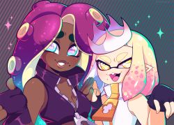 Rule 34 | + +, 2girls, bare shoulders, black gloves, breasts, cleavage, collarbone, crown, dark-skinned female, dark skin, domino mask, eyes visible through hair, fang, fingerless gloves, forehead, gloves, gradient hair, green eyes, green hair, holding hands, inkling, long hair, marina (splatoon), mask, medium breasts, mole, mole under mouth, multicolored hair, multiple girls, nintendo, octoling, open mouth, parted lips, pearl (splatoon), pink hair, pointy ears, purple hair, queen ashi, sleeveless, small breasts, smile, sparkle, splatoon (series), splatoon 2, symbol-shaped pupils, tentacle hair, thick eyebrows, tongue, unusual pupils, upper body, very long hair, vest, yellow eyes