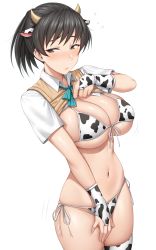 Rule 34 | 1girl, absurdres, amagami, animal ears, animal print, bikini, black hair, breasts, bridal gauntlets, cleavage, closed mouth, clothes lift, collared shirt, cow ears, cow horns, cow print, cowboy shot, flying sweatdrops, from side, front-tie bikini top, front-tie top, grey eyes, highres, horns, large breasts, lifting own clothes, looking to the side, navel, neck ribbon, raised eyebrows, ribbon, shirt, shirt lift, short hair, short sleeves, side-tie bikini bottom, simple background, skindentation, solo, spoken sweatdrop, sweatdrop, sweater vest, swimsuit, thighhighs, tsukahara hibiki, white background, yakimi 27