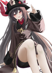 Rule 34 | 1girl, absurdres, black hair, black hat, black nails, black shorts, brown jacket, commentary request, feet out of frame, flower, flower-shaped pupils, genshin impact, hair between eyes, hand up, hat, hat flower, highres, hu tao (genshin impact), jacket, long sleeves, nail polish, natsuki (natukituki), red eyes, red flower, short shorts, shorts, simple background, solo, symbol-shaped pupils, white background