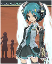 Rule 34 | 1boy, 2girls, android, aqua hair, detached sleeves, green eyes, hatsune miku, headset, highres, kaito (vocaloid), le0, long hair, meiko (vocaloid), multiple girls, necktie, skirt, thighhighs, twintails, very long hair, vocaloid