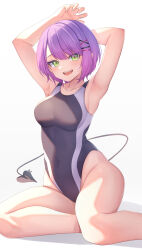 Rule 34 | 1girl, :d, absurdres, alternate costume, aoi zerii, armpits, arms up, bare shoulders, black one-piece swimsuit, blush, bob cut, breasts, collarbone, covered navel, demon tail, gradient hair, green eyes, hair ornament, hairclip, highleg, highleg swimsuit, highres, hololive, large breasts, looking at viewer, multicolored hair, one-piece swimsuit, open mouth, piercing, pink hair, pointy ears, purple hair, short hair, sitting, smile, solo, swept bangs, swimsuit, tail, tail ornament, tail piercing, teeth, thighs, tokoyami towa, upper teeth only, v, virtual youtuber, x hair ornament, yokozuwari