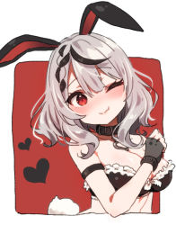 Rule 34 | 1girl, animal ears, armband, black collar, blush, braid, breasts, cleavage, collar, cowlick, crop top, fang, fingerless gloves, frills, gloves, grey gloves, heart, hololive, holox, houshou marine (artist), large breasts, multicolored hair, one eye closed, rabbit ears, rabbit tail, red background, red eyes, sakamata chloe, sidelocks, silver hair, skin fang, solo, tail, upper body, virtual youtuber