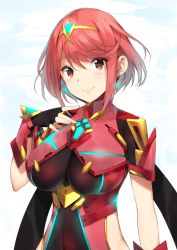 Rule 34 | 1girl, blush, bodysuit, breasts, covered navel, fingerless gloves, gloves, hairband, hand up, large breasts, looking at viewer, nintendo, pyra (xenoblade), red eyes, red hair, short hair, sidelocks, smile, solo, swept bangs, underbust, upper body, xenoblade chronicles (series), xenoblade chronicles 2, yappen