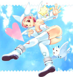 Rule 34 | 1girl, ass, bad id, bad pixiv id, costume, creatures (company), day, earrings, evolutionary line, game freak, gen 2 pokemon, gen 4 pokemon, hat, heart, highres, jewelry, legs, moemon, nintendo, personification, pink hair, pointy ears, pokemon, pokemon (creature), sky, takeda mika, thighhighs, togekiss, togepi, togetic, wings, yellow eyes