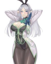 Rule 34 | 1girl, blue eyes, blush, breasts, bunny steals, cleavage, colored skin, curvy, damegane, large breasts, long hair, looking at viewer, original, silver hair, smile, solo, thick thighs, thighs, white skin, wide hips