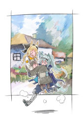 Rule 34 | 2girls, animal ears, arknights, black headwear, blonde hair, blue coat, blue gloves, blue pants, blush, boots, border, brown overalls, carol (arknights), carrying, carrying person, coat, commentary request, dust cloud, gloves, grani (arknights), grey footwear, grey hair, hair between eyes, horse ears, house, long hair, looking at another, multiple girls, open mouth, outside border, overalls, pants, pejoywine, running, shirt, white border, white shirt, | |
