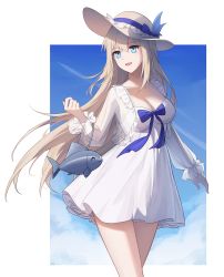 Rule 34 | 1girl, :d, ain (3990473), aqua eyes, bag, blonde hair, blue ribbon, blue sky, breasts, brown hat, cleavage, collarbone, cowboy shot, cropped jacket, dress, fish, frilled jacket, frilled sleeves, frills, hair ribbon, hat, hat feather, highres, jacket, lexington (warship girls r), long hair, long sleeves, looking away, looking to the side, medium breasts, open clothes, open jacket, open mouth, outside border, ribbon, see-through, sky, smile, solo, strapless, strapless dress, sun hat, very long hair, warship girls r, white dress