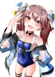Rule 34 | 1girl, alternate costume, blue one-piece swimsuit, blush, brown eyes, brown hair, choker, collarbone, cosplay, eyelashes, fang, flat chest, hair ribbon, highres, jacket, jewelry, johnston (kancolle), johnston (kancolle) (cosplay), kantai collection, kirigakure (kirigakure tantei jimusho), long hair, magatama, off shoulder, one-piece swimsuit, open mouth, ribbon, ryuujou (kancolle), see-through, see-through jacket, see-through sleeves, simple background, skin fang, solo, star (symbol), swimsuit, swimsuit under clothes, twintails, white background