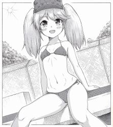 Rule 34 | 1girl, bikini, breasts, crosshatching, dutch angle, fence, greyscale, h2 (h20000000), hatching (texture), kantai collection, magatama, monochrome, navel, open mouth, ryuujou (kancolle), sitting, small breasts, smile, solo, sun, swimsuit, visor cap