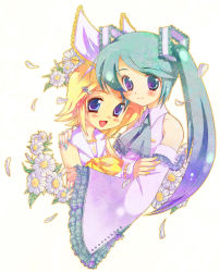 Rule 34 | 2girls, aqua eyes, aqua hair, bad id, bad pixiv id, bare shoulders, blonde hair, blue eyes, blush, detached sleeves, fingernails, floral background, flower, frills, green hair, hair ornament, hairclip, hand on another&#039;s shoulder, hatsune miku, kagamine rin, long hair, long sleeves, looking at viewer, multiple girls, nail polish, necktie, open mouth, petals, ribbon, shirt, short hair, sleeveless, sleeveless shirt, sleeves past wrists, smile, sokomushi, twintails, upper body, vocaloid, white shirt, wide sleeves