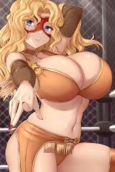 Rule 34 | 1girl, absurdres, arm up, blonde hair, blue eyes, blurry, blurry background, blush, breasts, chain-link fence, choker, cleavage, closed mouth, commentary request, fence, foreshortening, highres, huge breasts, long hair, looking at viewer, navel, orange panties, orange shirt, panties, pointing, pointing at viewer, rachel stanley, shijou saikyou no deshi ken&#039;ichi, shirt, skywalker0610, solo, standing, underwear, wavy hair, wrestling mask, wrestling outfit, wrestling ring