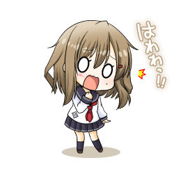 Rule 34 | 1girl, ^^^, april fools, brown hair, cosplay, hair ornament, hairclip, ikazuchi (kancolle), ikazuchi (kancolle) (cosplay), inazuma (kancolle), kadose ara, kantai collection, kneehighs, lowres, neckerchief, open mouth, red neckerchief, school uniform, serafuku, short hair, skirt, socks, solid oval eyes, solo, translation request, wavy mouth