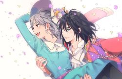 Rule 34 | 1boy, 1girl, :d, aqua dress, artist name, black hair, black legwear, blush, brown eyes, carrying, couple, dress, earrings, flower, gearous, happy, hat, hat flower, hetero, howl (howl no ugoku shiro), howl no ugoku shiro, jacket, jacket on shoulders, jewelry, long sleeves, necklace, open mouth, parted lips, pendant, petals, princess carry, short hair, silver hair, smile, sophie (howl no ugoku shiro), spoilers, watermark, white background