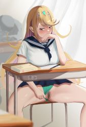 Rule 34 | 1boy, 1girl, artist request, blonde hair, blue sailor collar, blue skirt, blurry, blurry foreground, blush, book, brown eyes, chair, classroom, clothing aside, collarbone, covering own mouth, curtains, desk, eyebrows, eyelashes, feet out of frame, female pubic hair, green panties, half-closed eyes, indoors, long hair, looking at viewer, mythra (xenoblade), panties, panties aside, paper, pen, pleated skirt, pubic hair, pussy, sailor collar, school chair, school desk, school uniform, serafuku, short sleeves, sitting, skirt, spread legs, swept bangs, thighs, tiara, underwear, very long hair, xenoblade chronicles (series), xenoblade chronicles 2