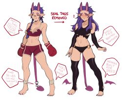 Rule 34 | 1girl, absurdres, barefoot, bike shorts, black bra, black bridal gauntlets, body freckles, boxing gloves, bra, braid, breasts, bridal gauntlets, bridal legwear, character sheet, closed mouth, demon girl, freckles, full body, gloves, highres, horns, kori oni (porqueloin), long hair, multiple views, o-ring, o-ring bottom, o-ring panties, one eye closed, original, panties, pointy ears, porqueloin, purple hair, purple nails, red eyes, red gloves, red horns, red shorts, red sports bra, shorts, simple background, small breasts, solo, sports bra, tail, tusks, twin braids, underwear, white background