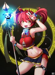Rule 34 | 1girl, breasts, btraphen, demon tail, heart, highres, large breasts, magical girl, midriff, navel, orange eyes, original, red hair, short hair, skull, smile, solo, staff, star-shaped pupils, star (symbol), symbol-shaped pupils, tail, twintails, v, wand